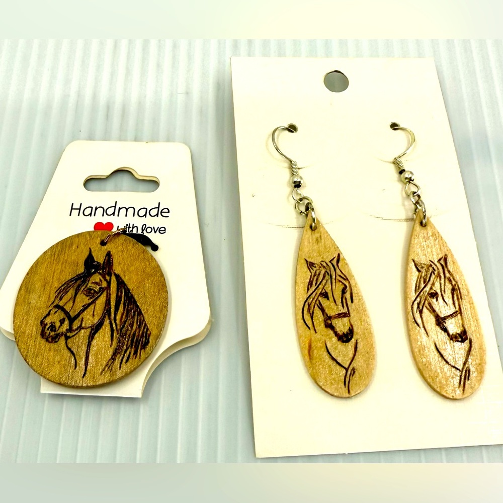 Handmade Wood Burned Horse Necklace & Earrings New!